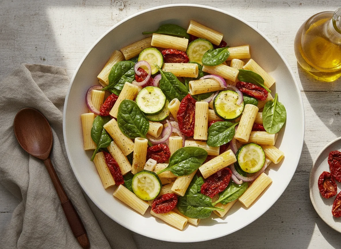 Ensalada de pasta con espinacas y verduras photo