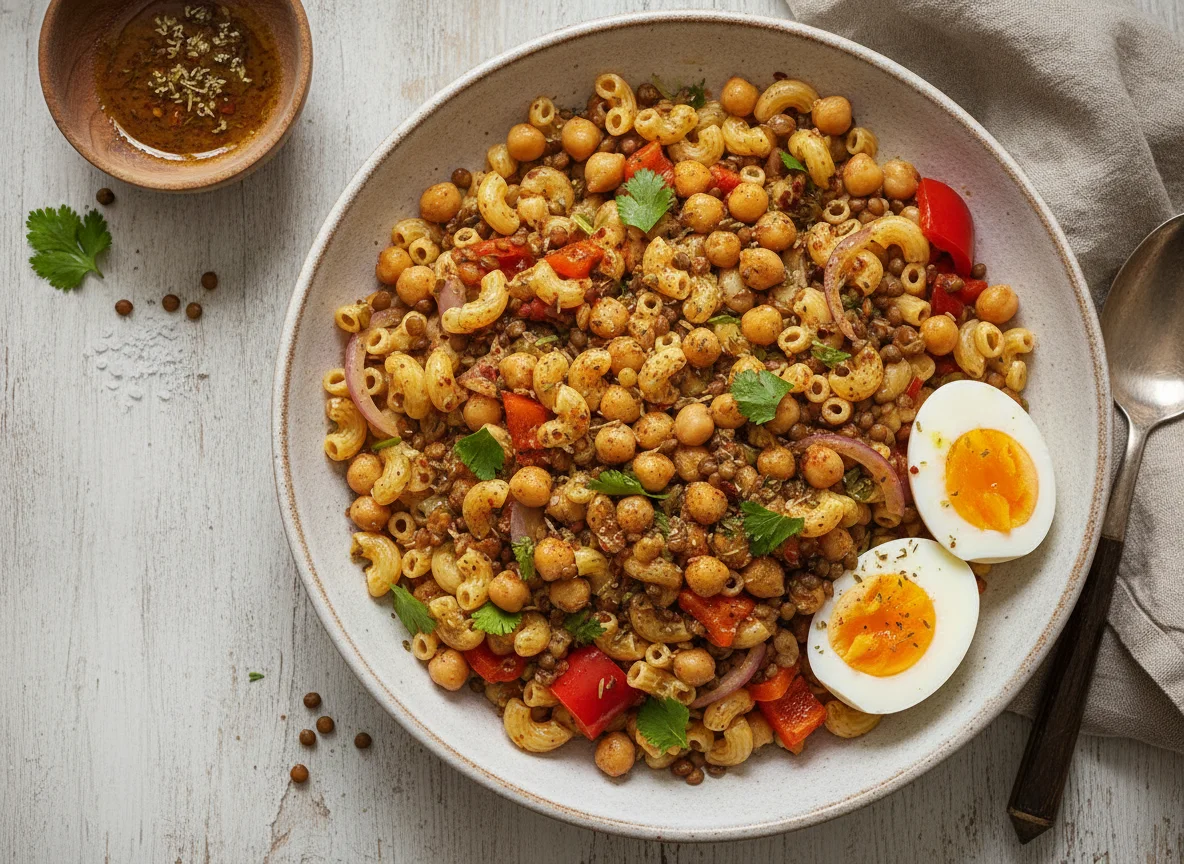 Ensalada de pasta con garbanzos y lentejas photo