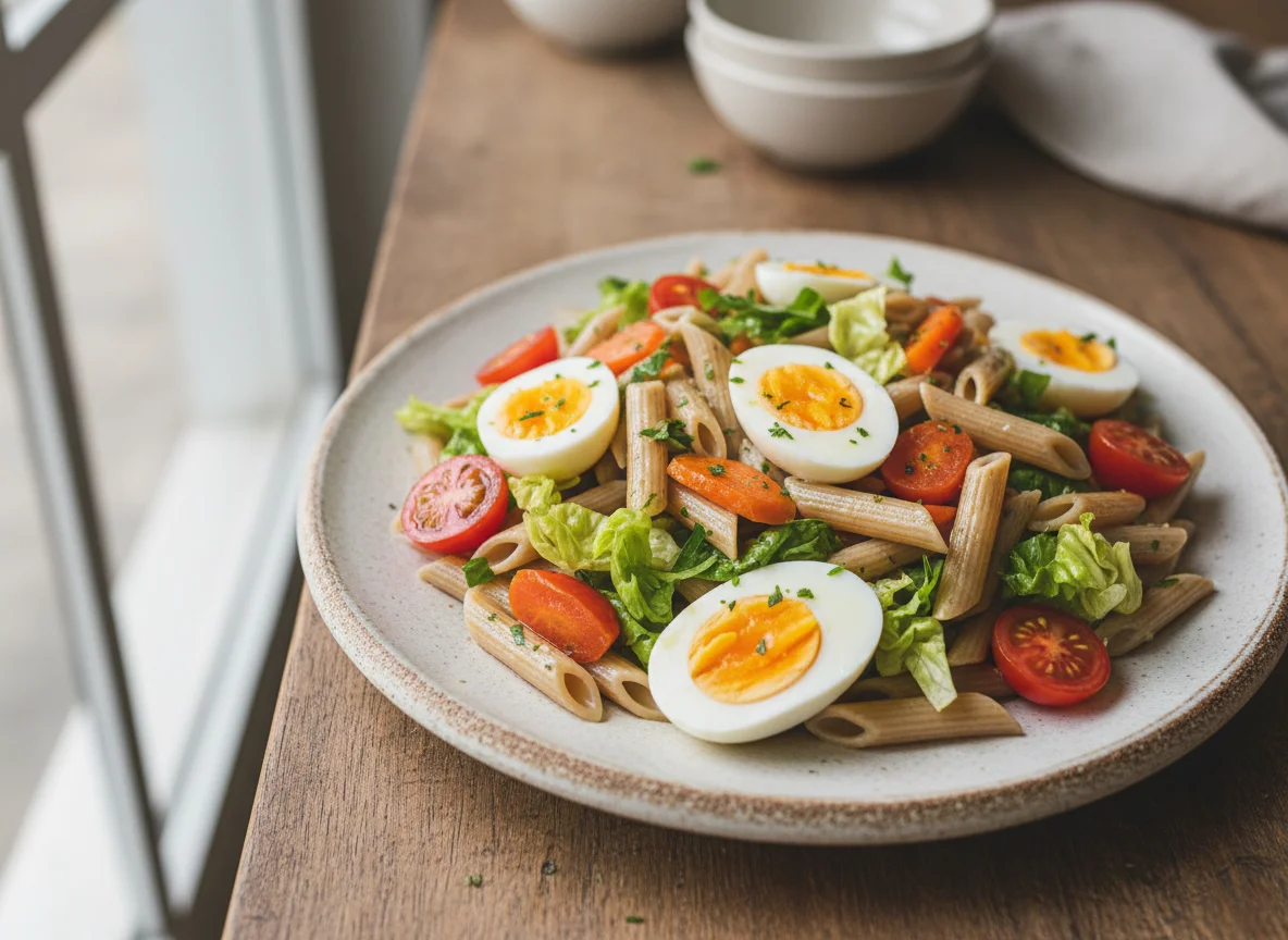 Ensalada de pasta con huevo photo