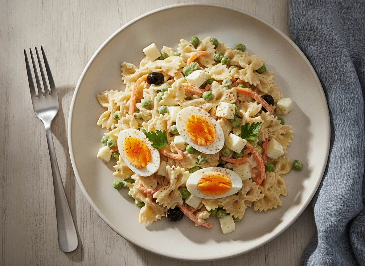 Ensalada de pasta con huevo duro photo