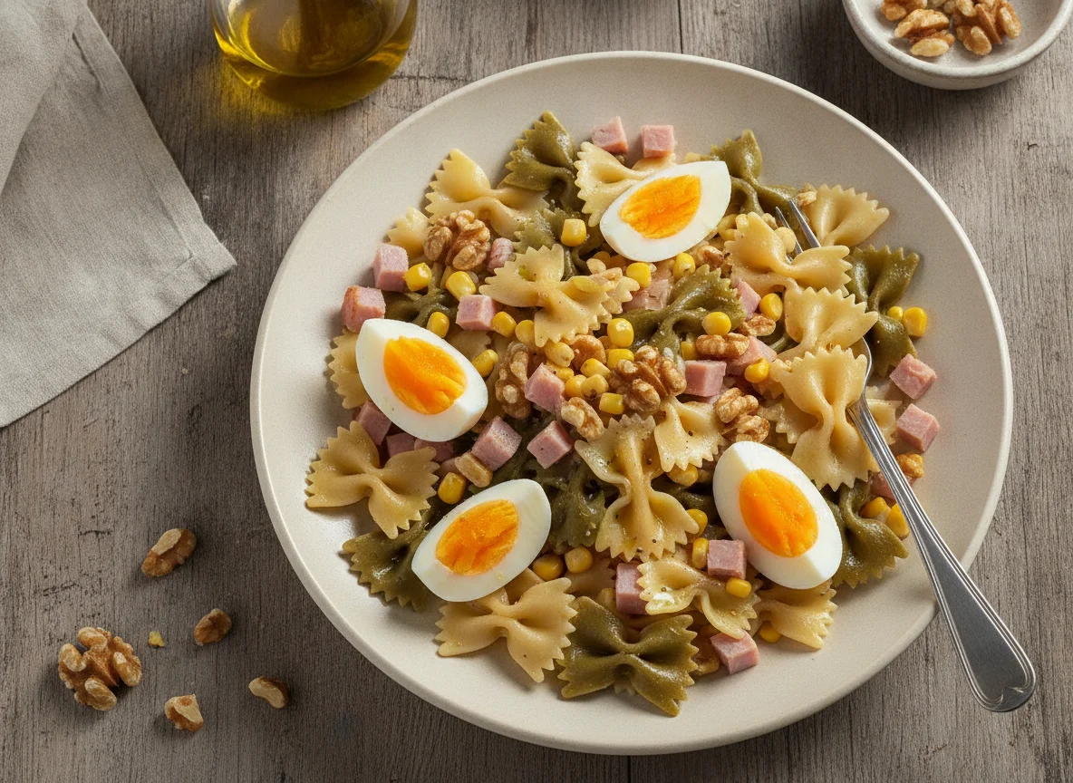 Ensalada de pasta con huevo, maíz y jamón photo