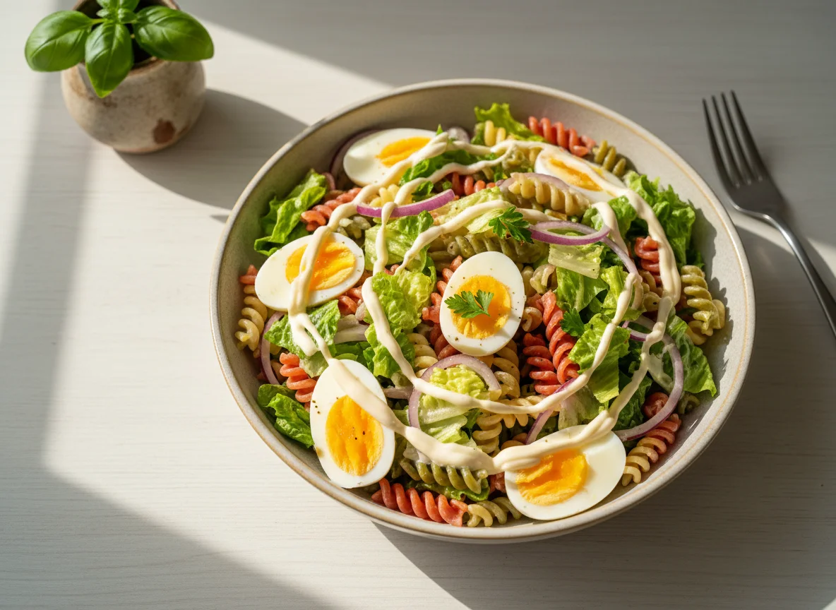 Ensalada de pasta con huevo y cebolla photo