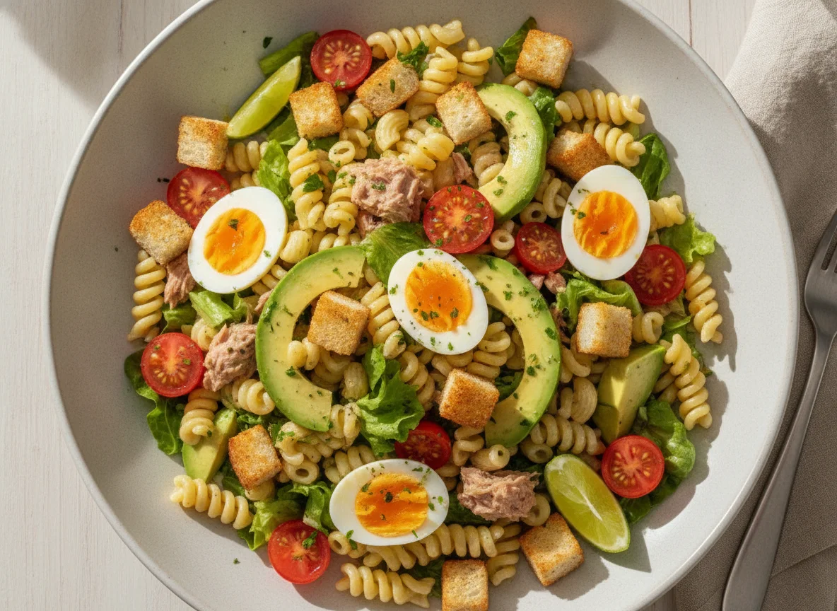 Ensalada de pasta con huevo y palta photo