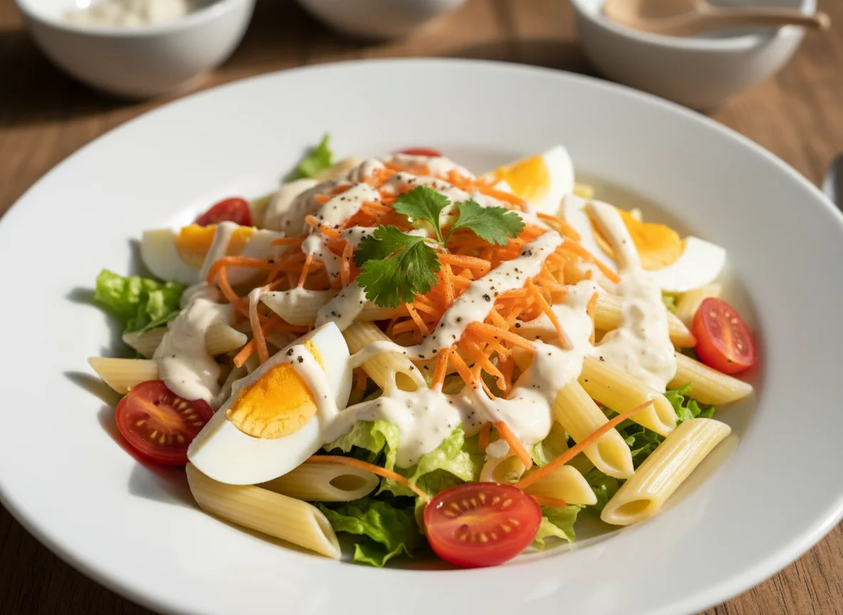 Ensalada de pasta con huevo y salsa photo