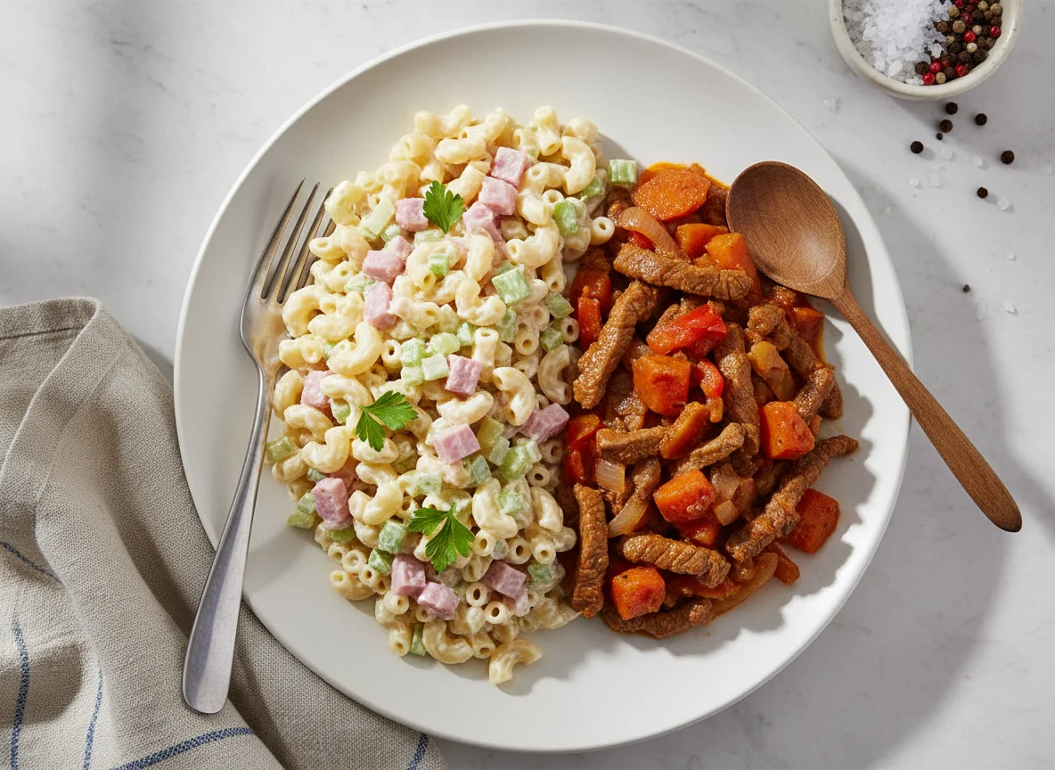 Ensalada de pasta con jamón y guisado de carne con verduras photo