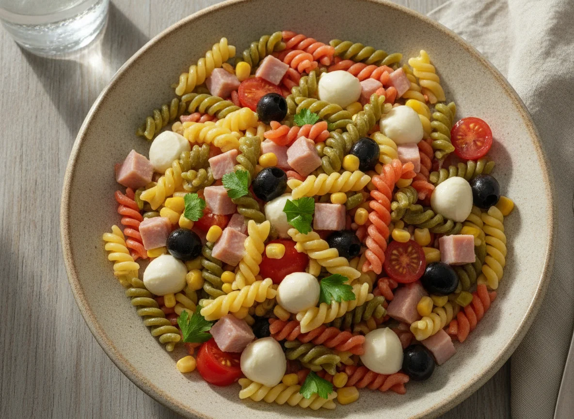 Ensalada de pasta con jamón y mozzarella photo