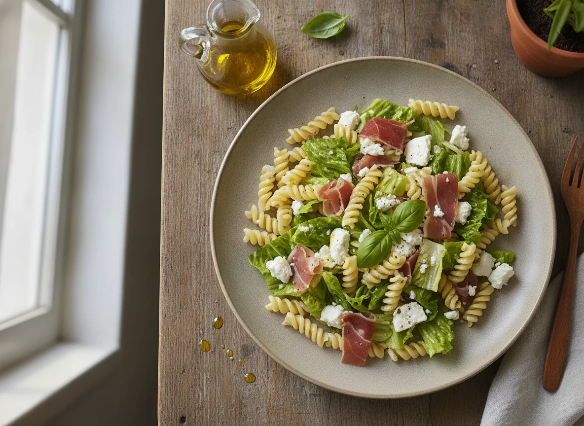 Ensalada de pasta con jamón y queso photo