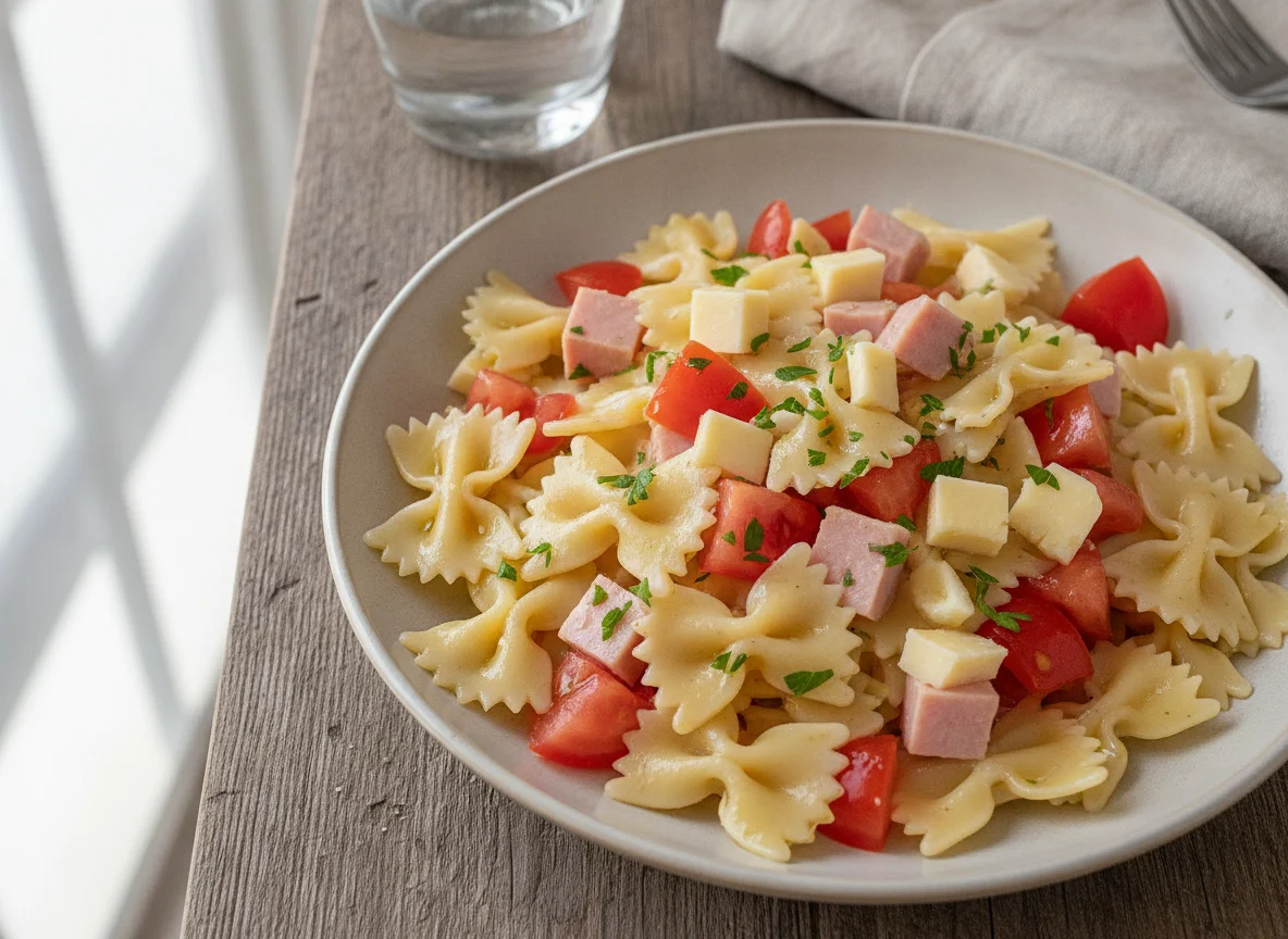 Ensalada de pasta con jamón y tomate photo