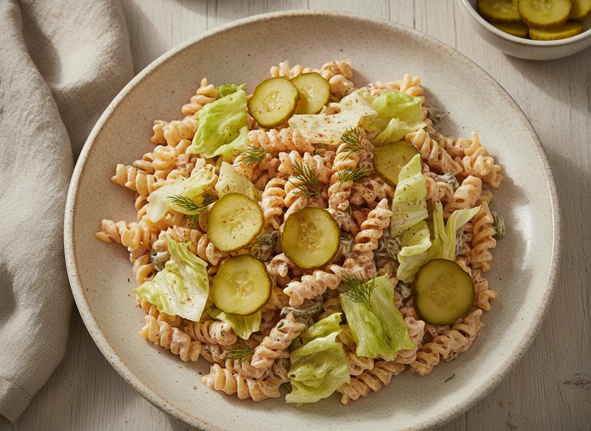 Ensalada de pasta con lechuga y pepinillos photo
