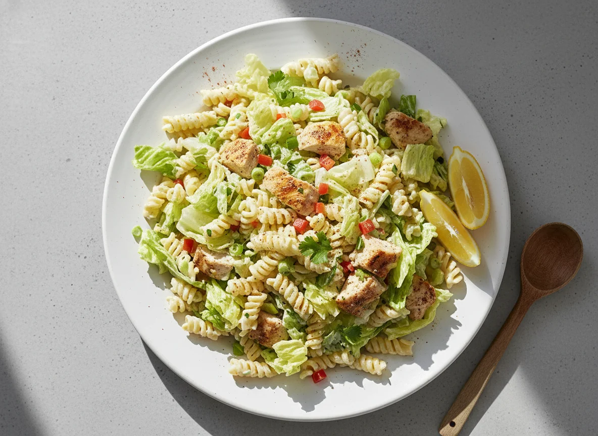 Ensalada de pasta con lechuga y pollo photo