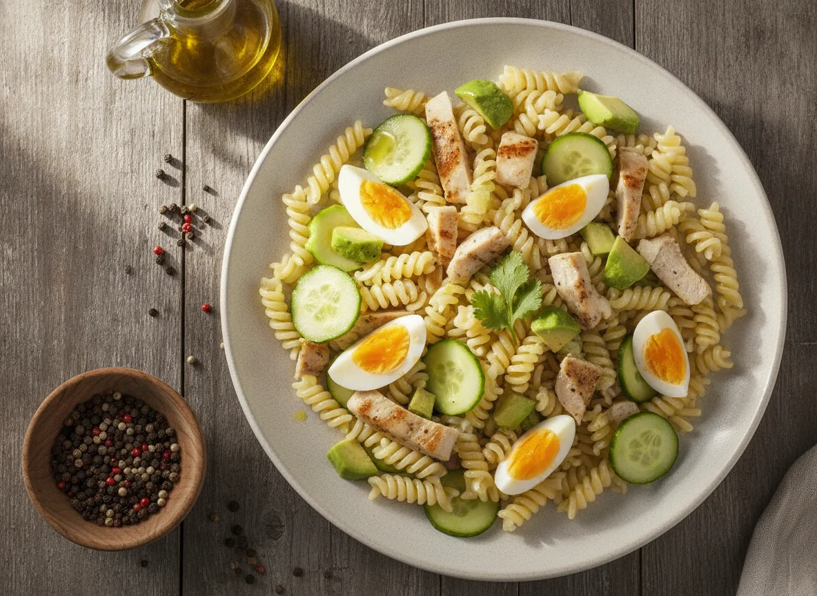 Ensalada de pasta con pollo, aguacate y huevo photo