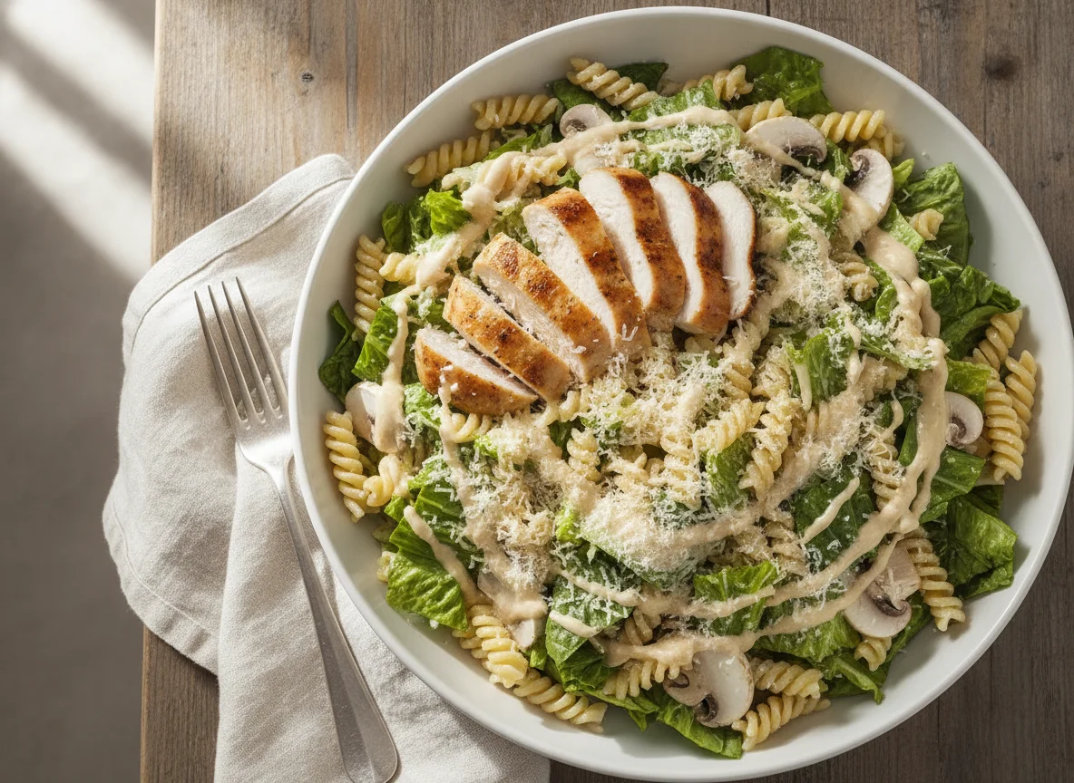 Ensalada de pasta con pollo y aderezo César photo