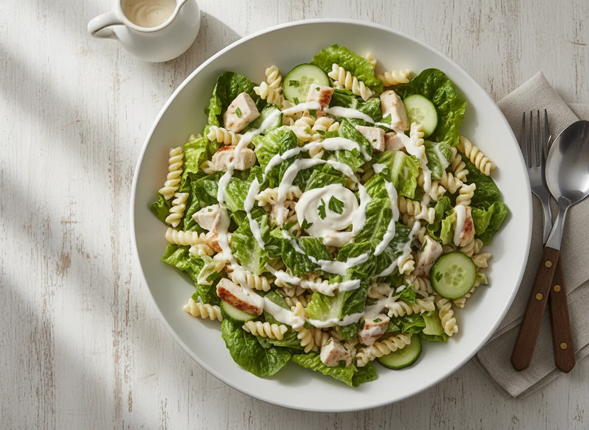 Ensalada de pasta con pollo y aderezo cremoso photo