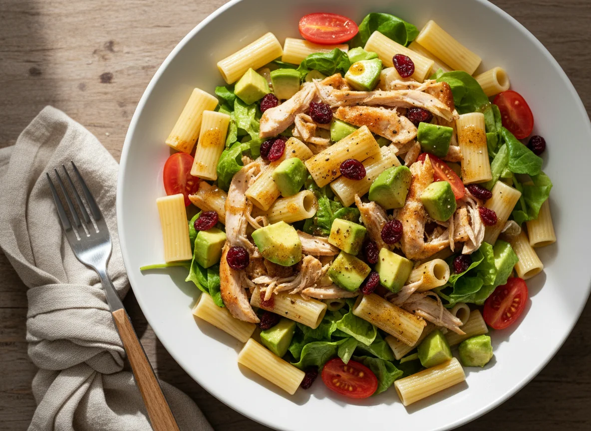 Ensalada de pasta con pollo y aguacate photo