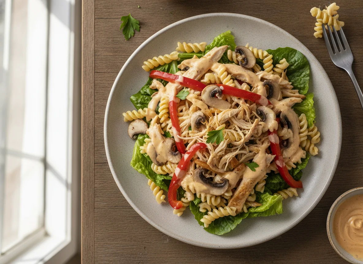 Ensalada de pasta con pollo y champiñones photo