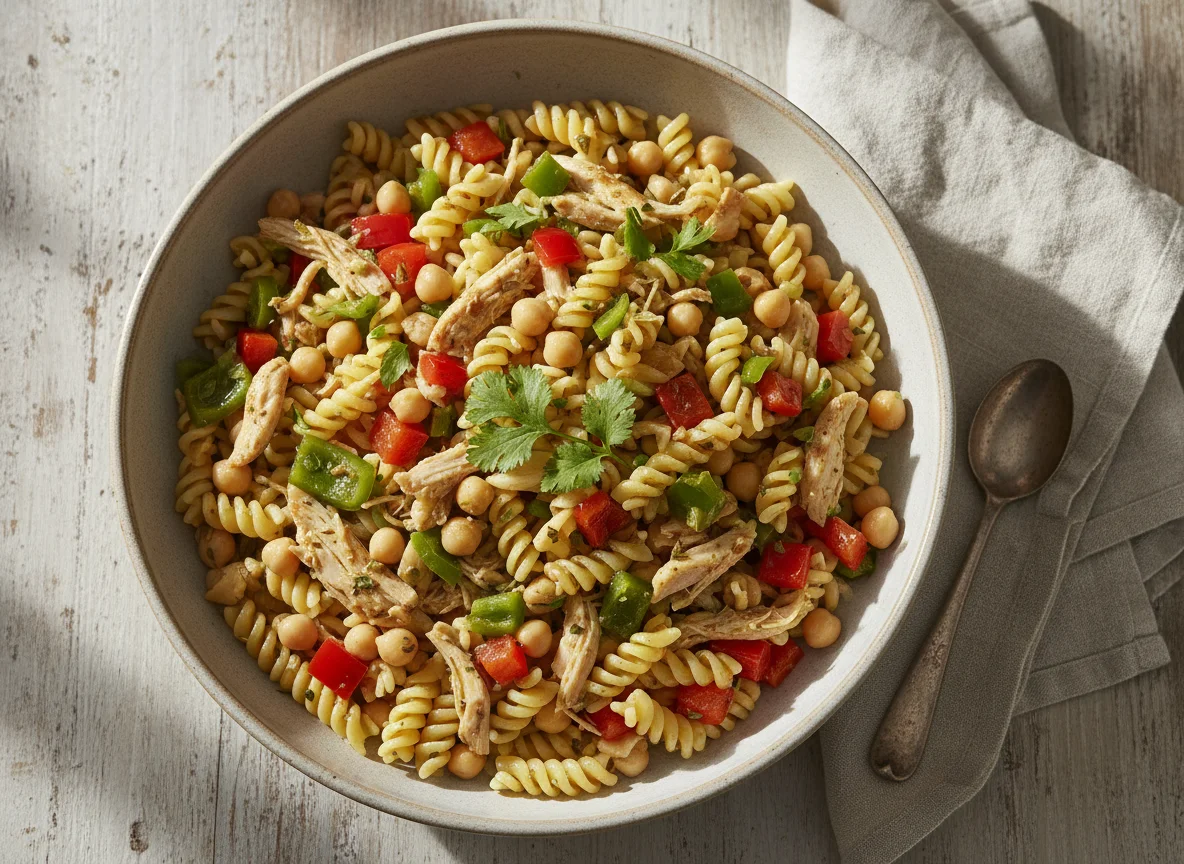 Ensalada de pasta con pollo y garbanzos photo