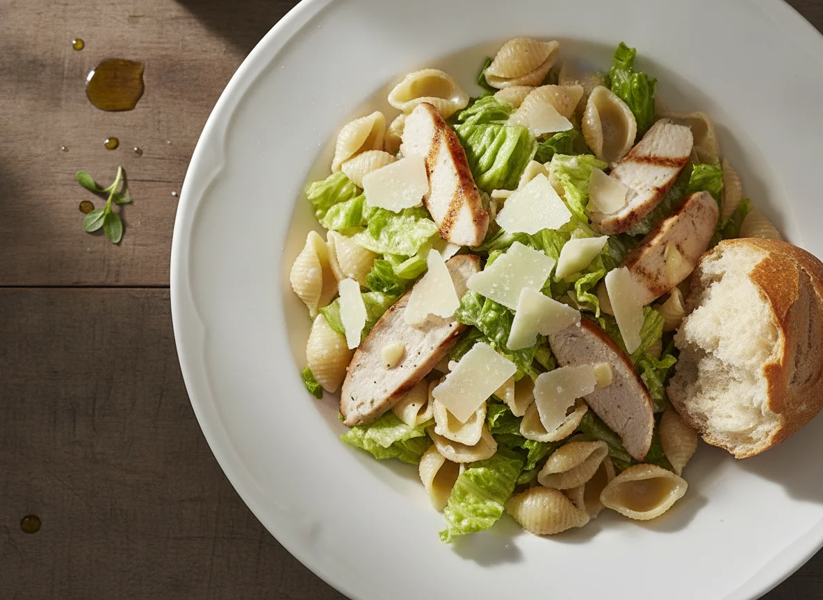 Ensalada de pasta con pollo y lechuga photo
