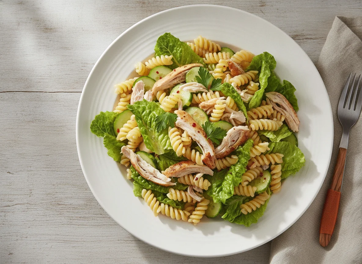 Ensalada de pasta con pollo y pepino photo
