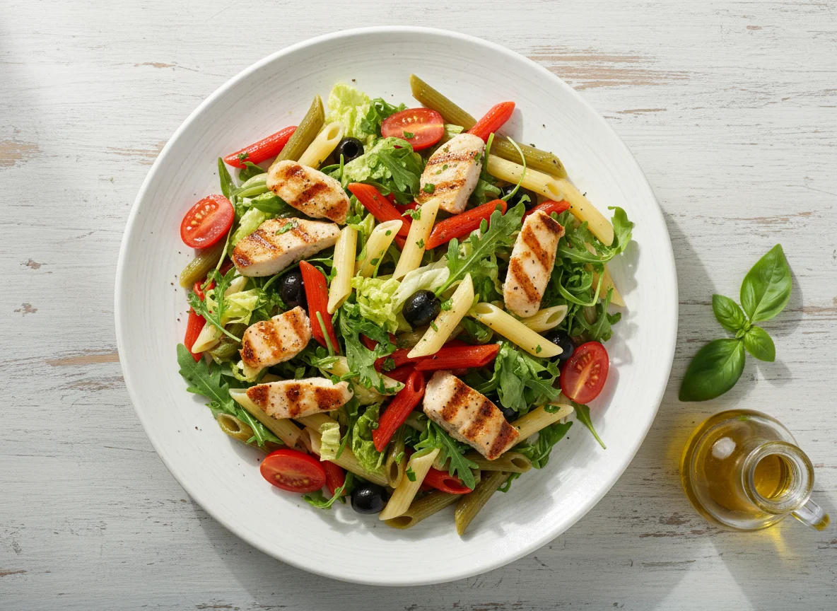 Ensalada de pasta con pollo y vegetales photo