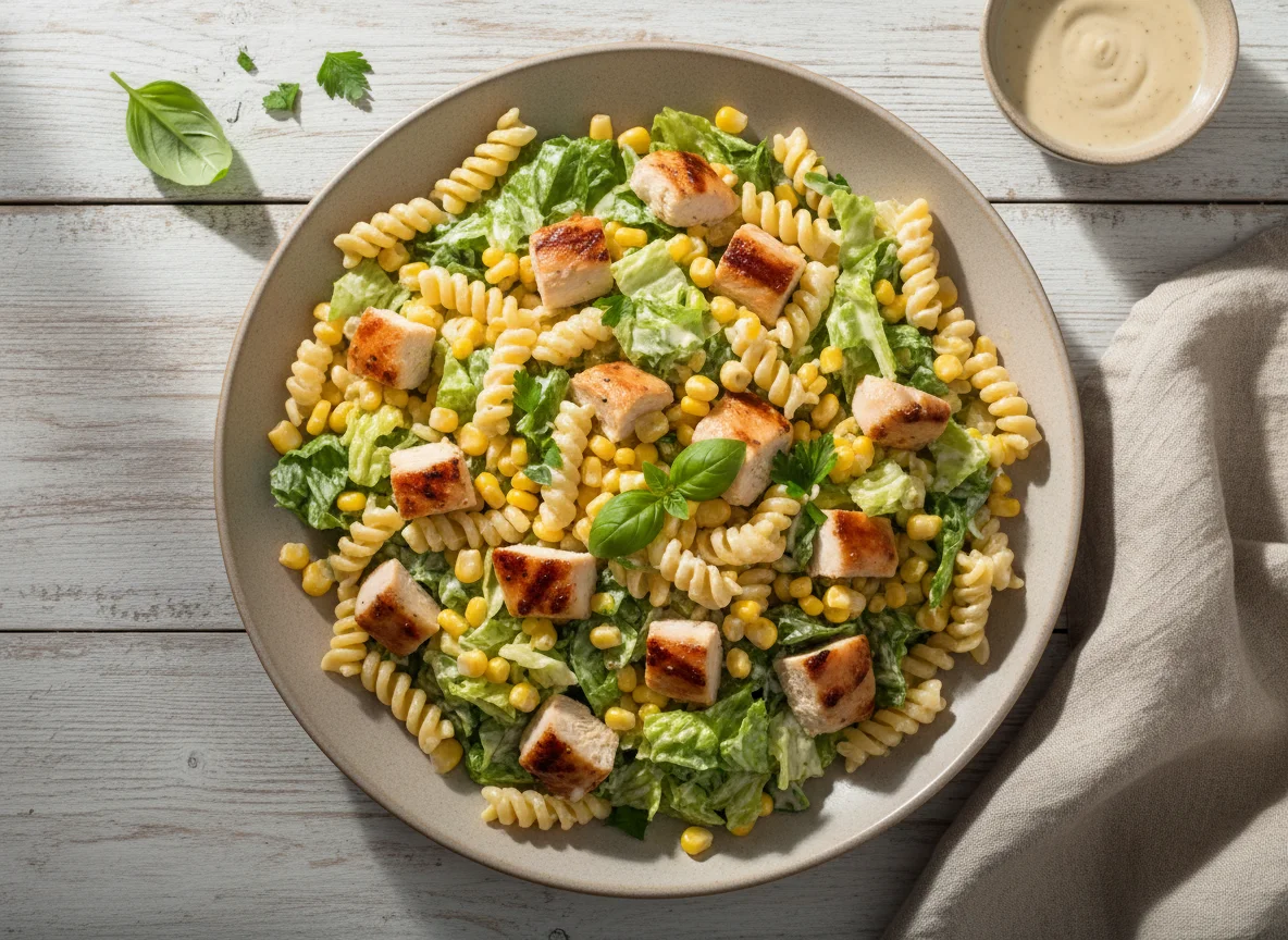 Ensalada de pasta con pollo y verduras photo