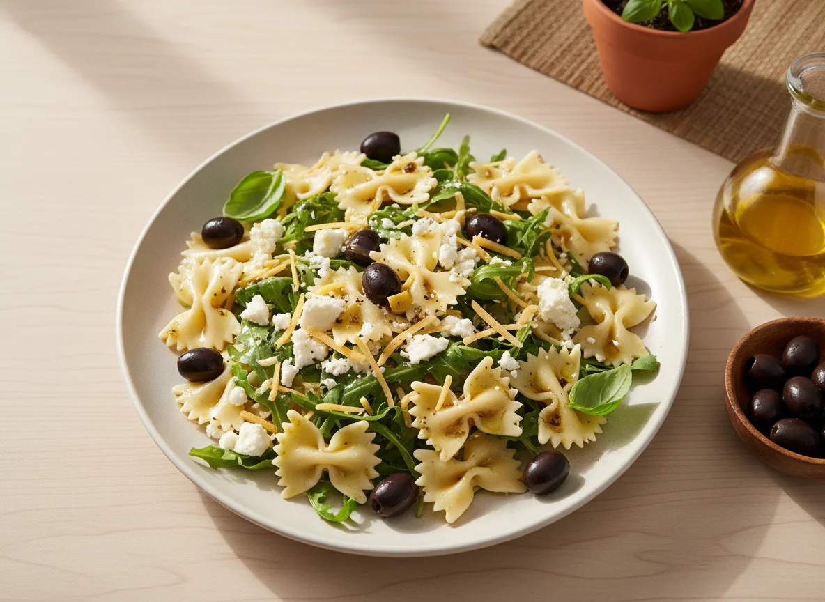 Ensalada de pasta con queso feta y rúcula photo