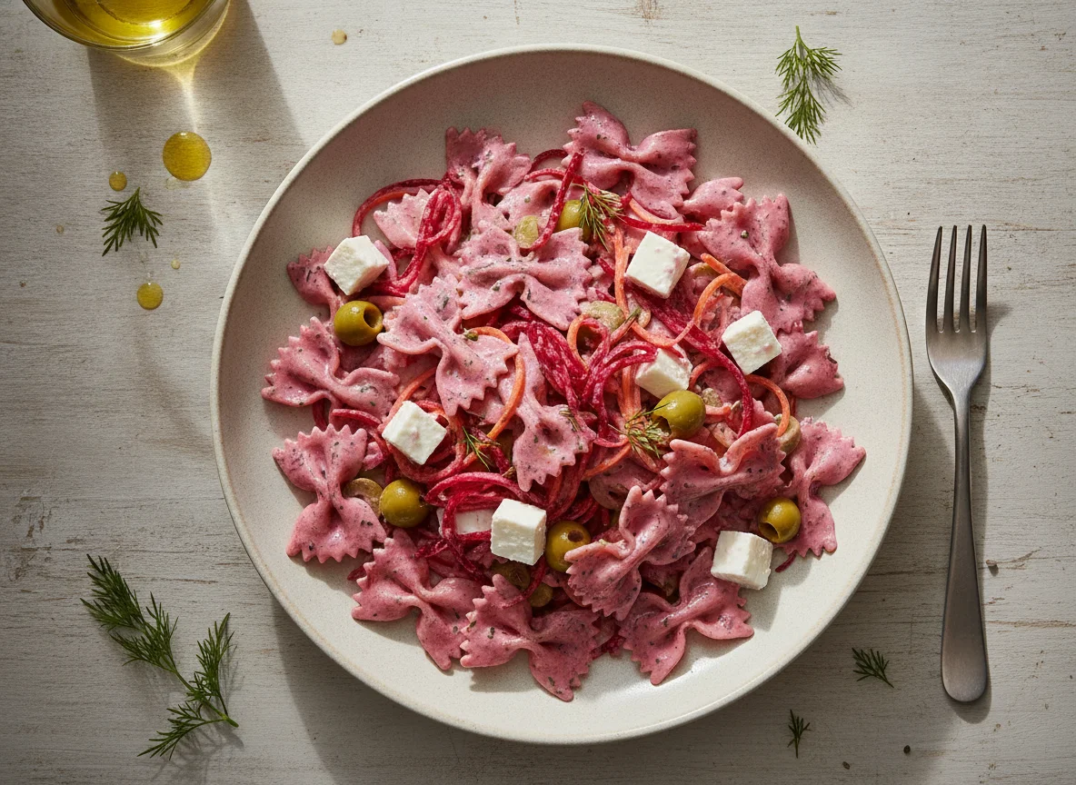 Ensalada de pasta con remolacha y aceitunas photo