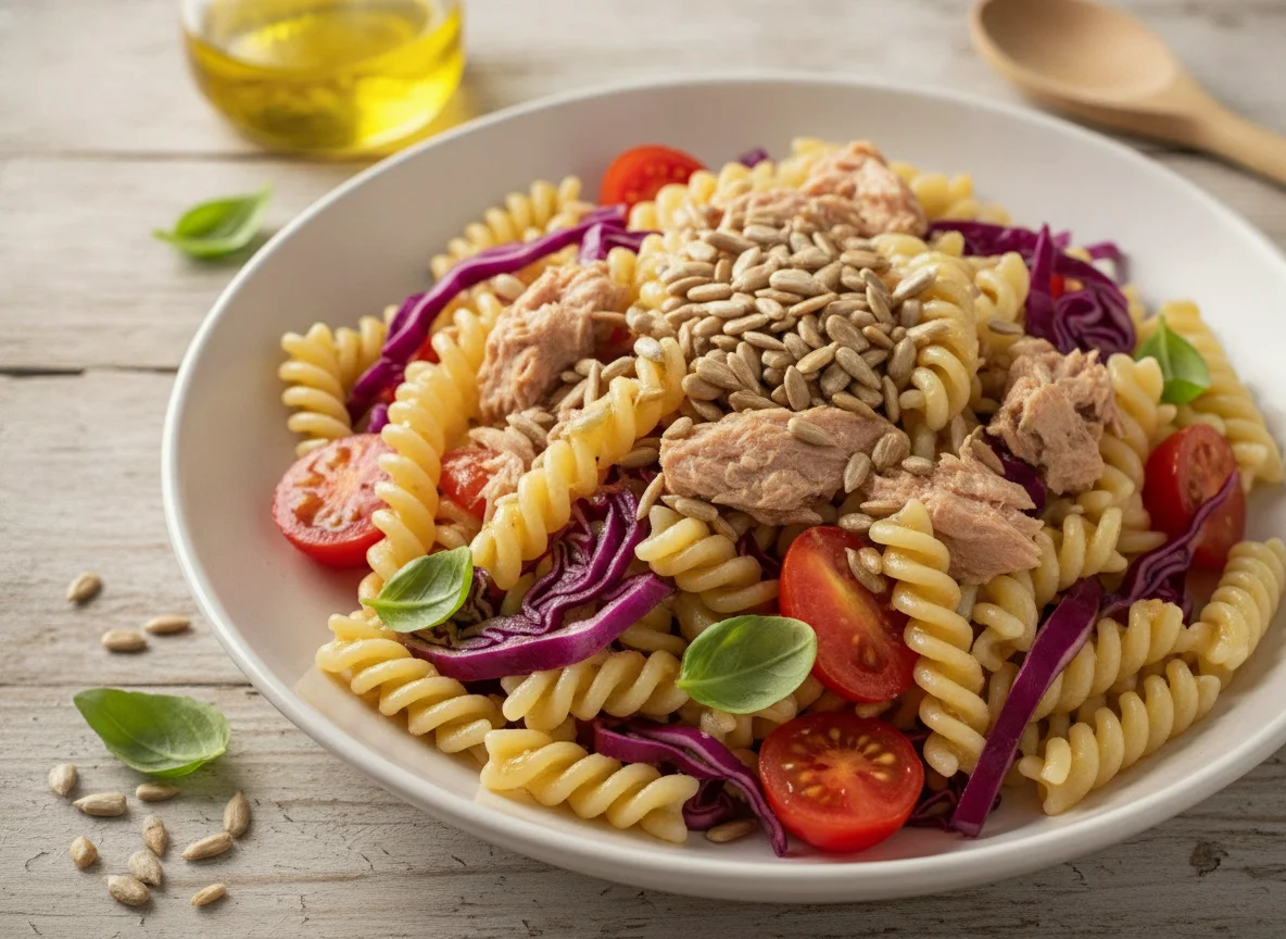 Ensalada de pasta con repollo colorado, tomate y semillas de girasol photo