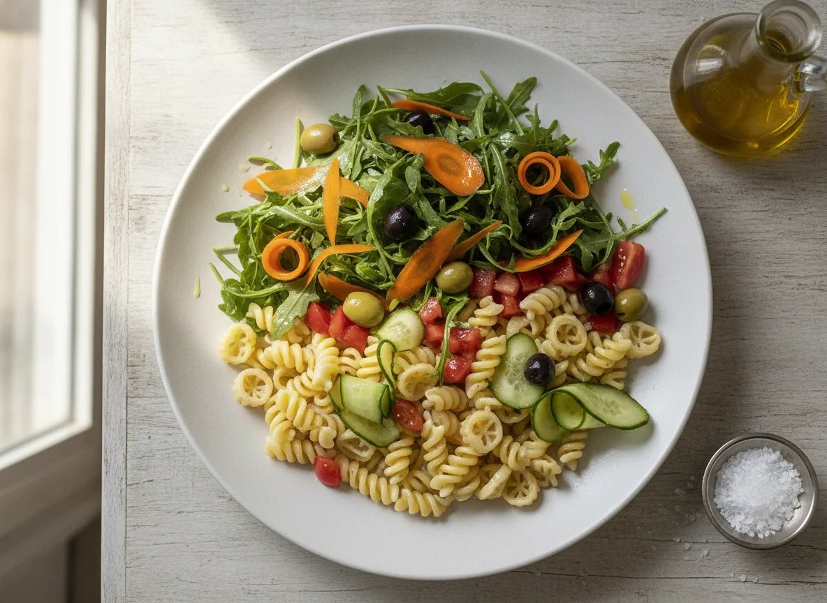 Ensalada de pasta con rúcula y vegetales photo