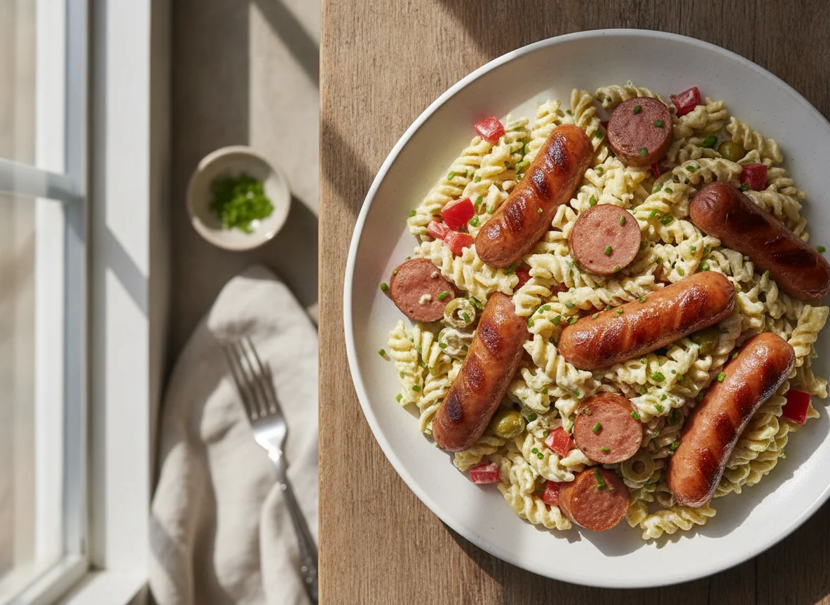 Ensalada de pasta con salchichas photo