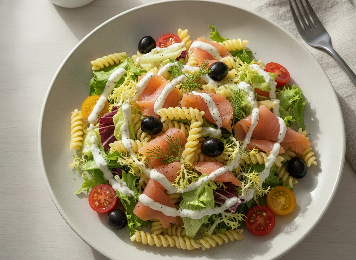 Ensalada de pasta con salmón y verduras photo