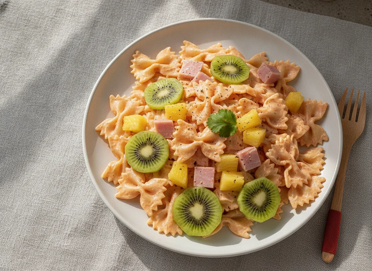 Ensalada de pasta con salsa rosa y fruta photo