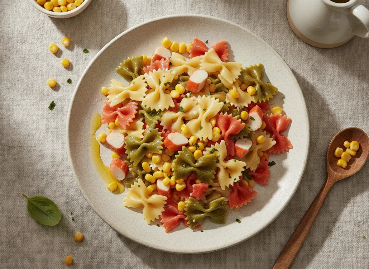 Ensalada de pasta con surimi y maíz photo