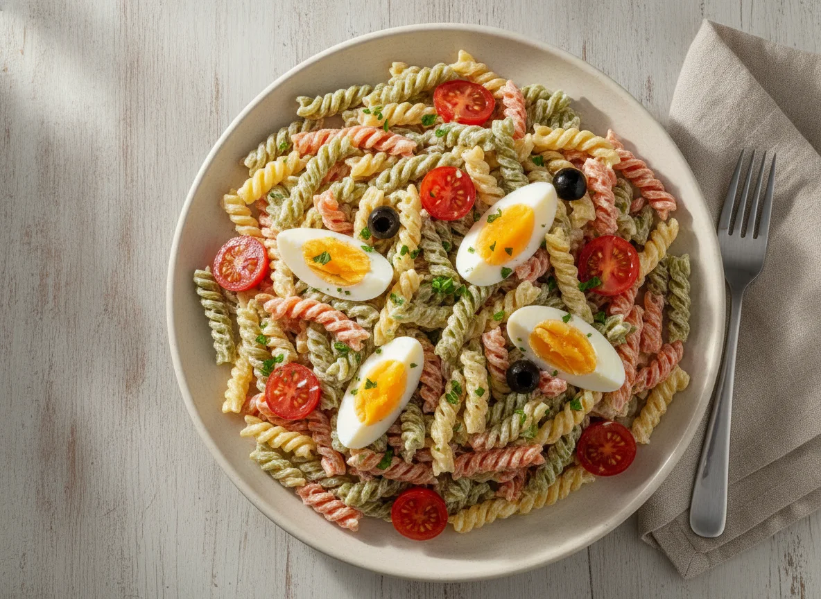 Ensalada de pasta con tomate y huevo photo