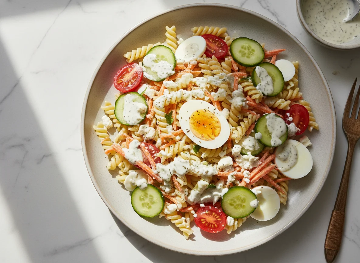 Ensalada de pasta con vegetales y aderezo photo