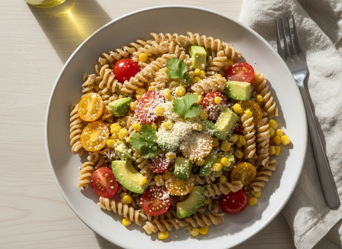 Ensalada de pasta con vegetales y queso photo