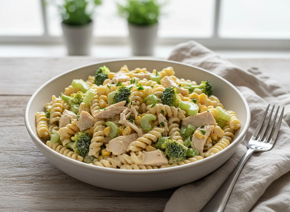Ensalada de pasta cremosa con pollo y verduras photo