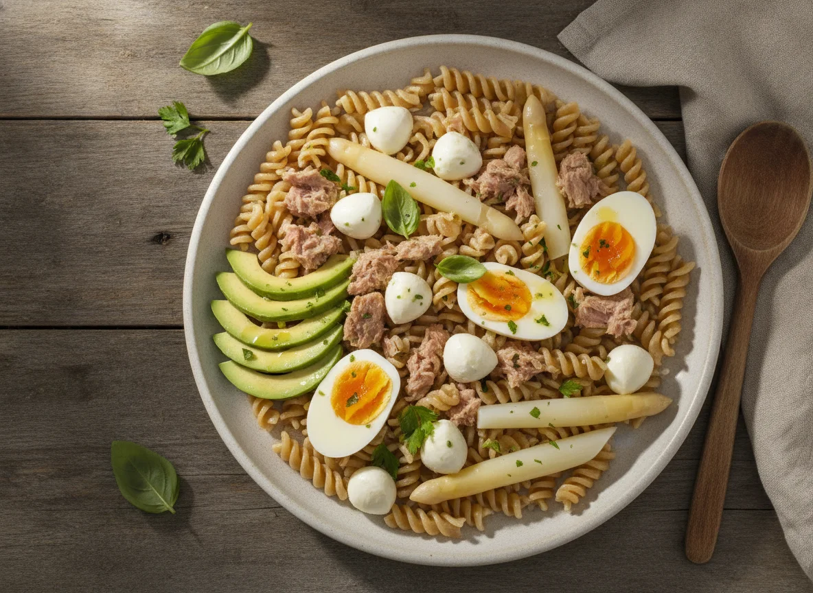 Ensalada de pasta integral con atún, huevo y mozzarella photo