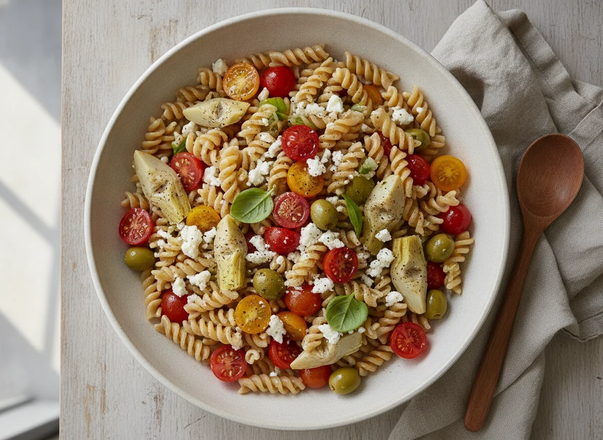 Ensalada de pasta integral con tomates cherry, aceitunas y queso photo