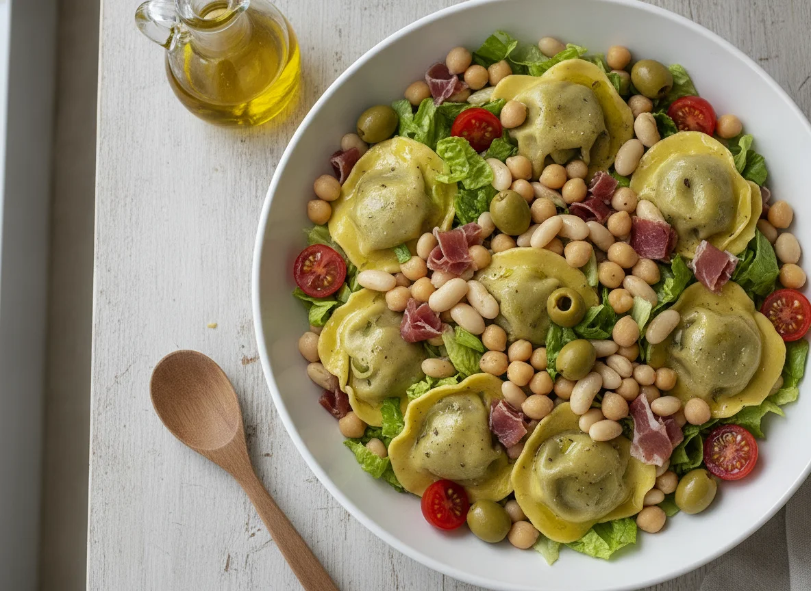Ensalada de pasta rellena con legumbres y jamón photo