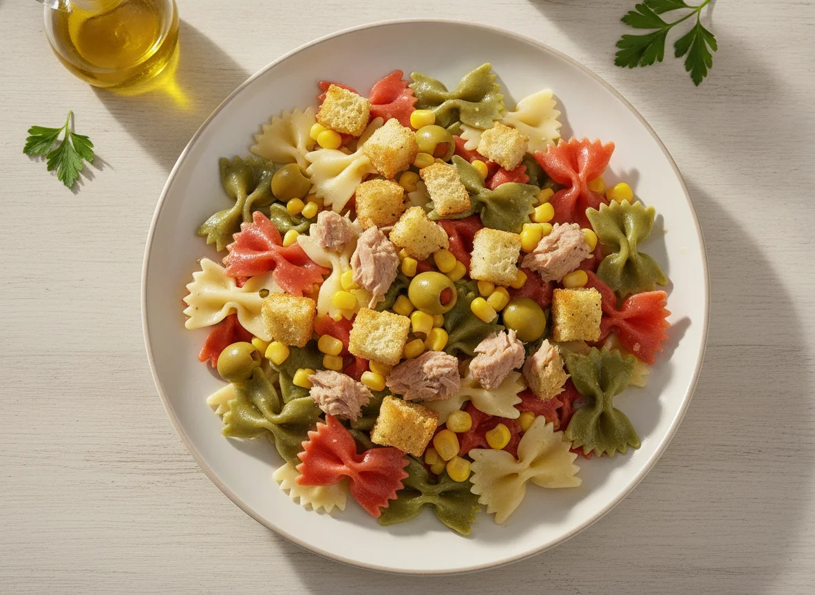 Ensalada de pasta tricolor con atún, maíz y picatostes photo