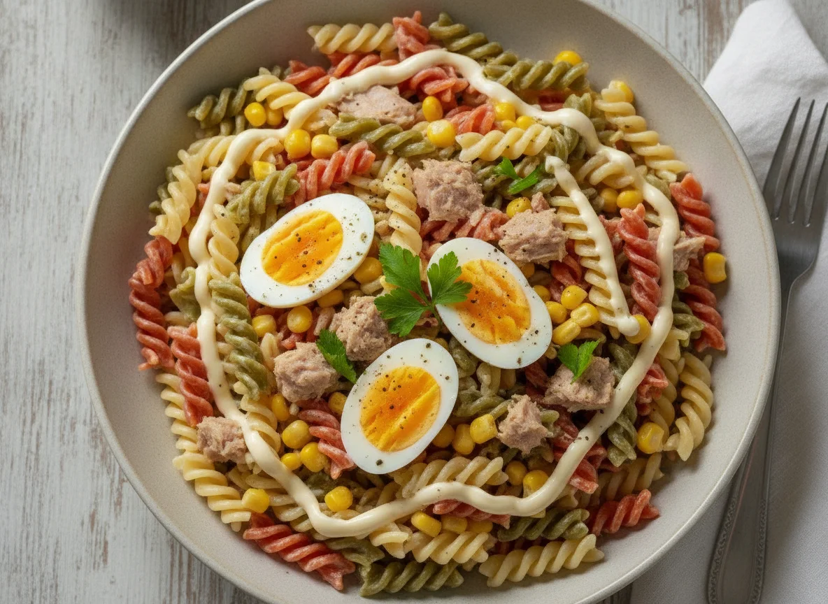 Ensalada de pasta tricolor con atún y huevo photo