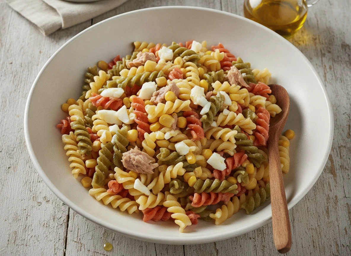 Ensalada de pasta tricolor con atún y maíz photo