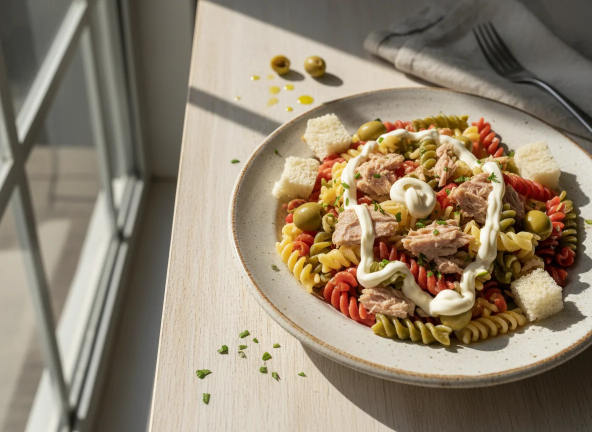 Ensalada de pasta tricolor con atún y mayonesa photo