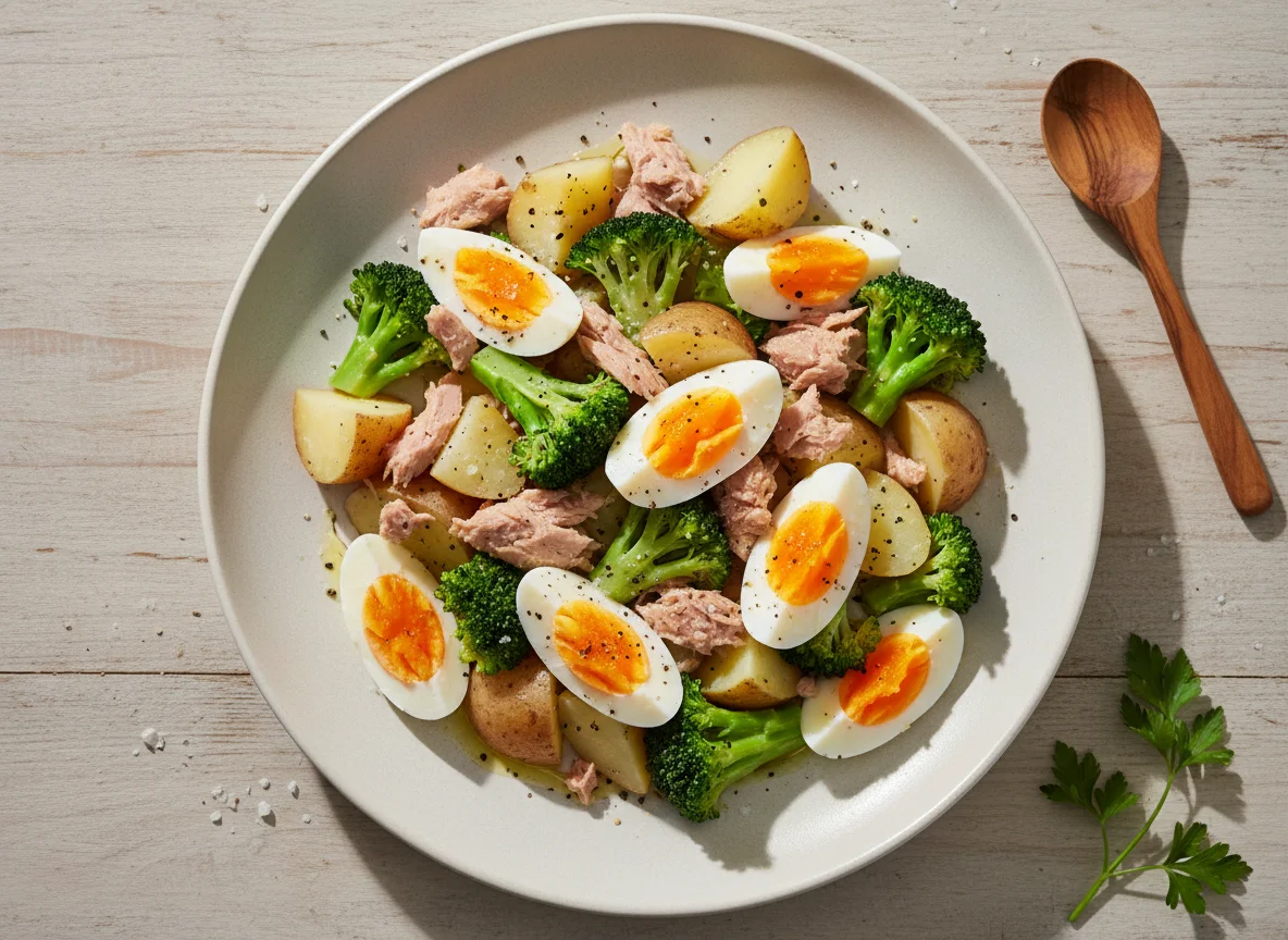 Ensalada de patata, brócoli, atún y huevo photo