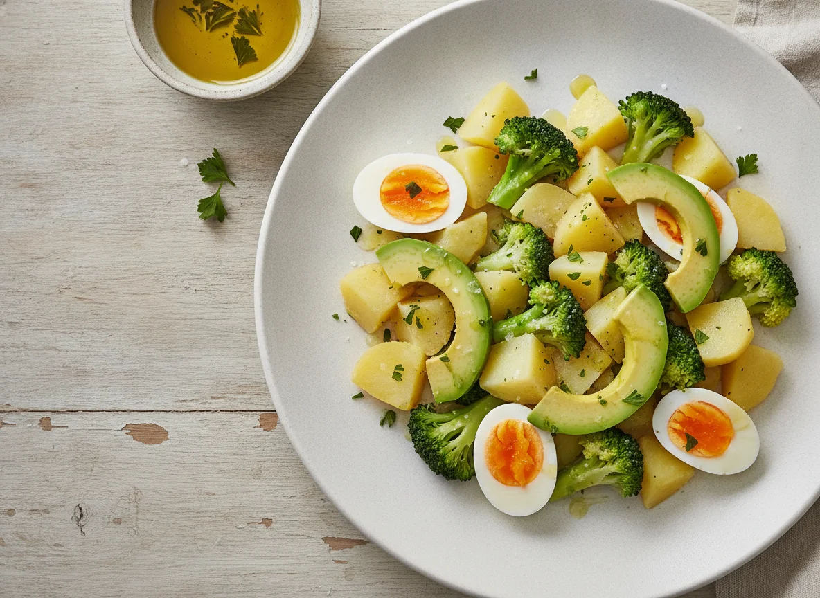 Ensalada de patata, brócoli, huevo y aguacate photo