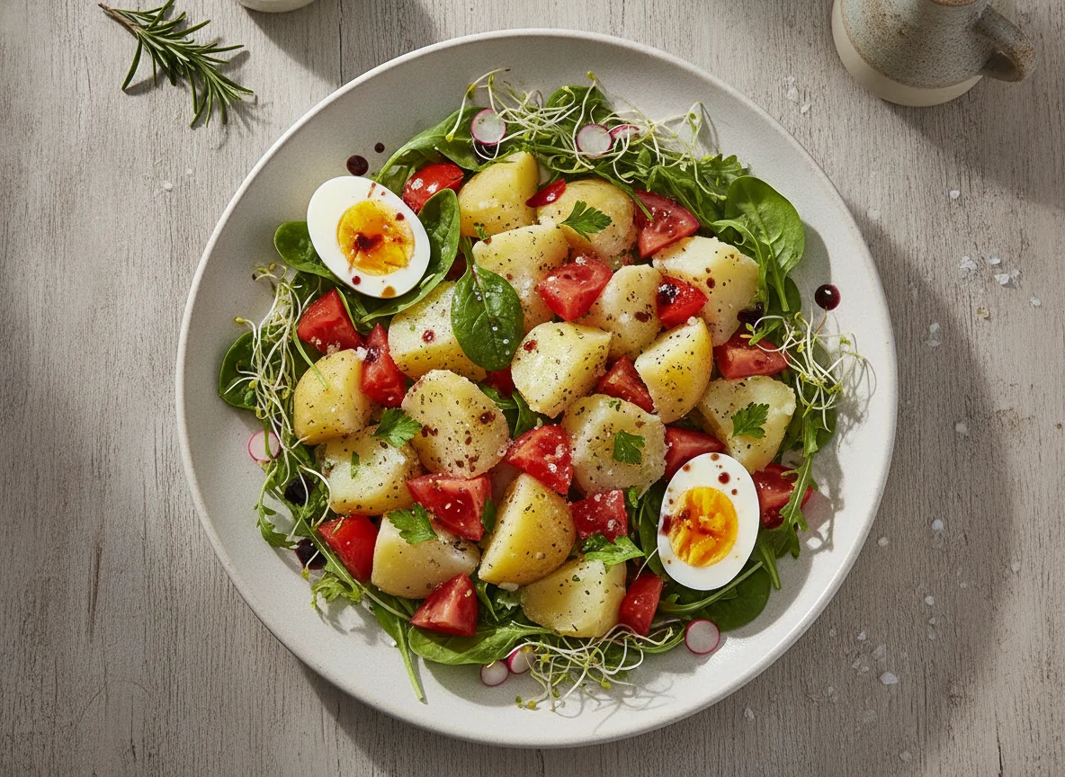 Ensalada de patata cocida con tomate y huevo photo