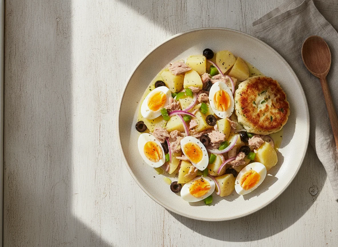 Ensalada de patata con atún, huevo y hamburguesa de pescado photo