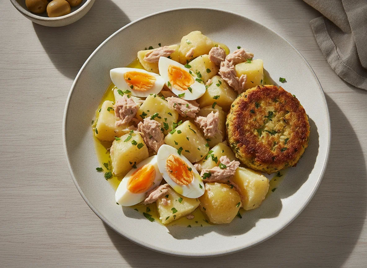 Ensalada de patata con atún, huevo y hamburguesa vegetal photo