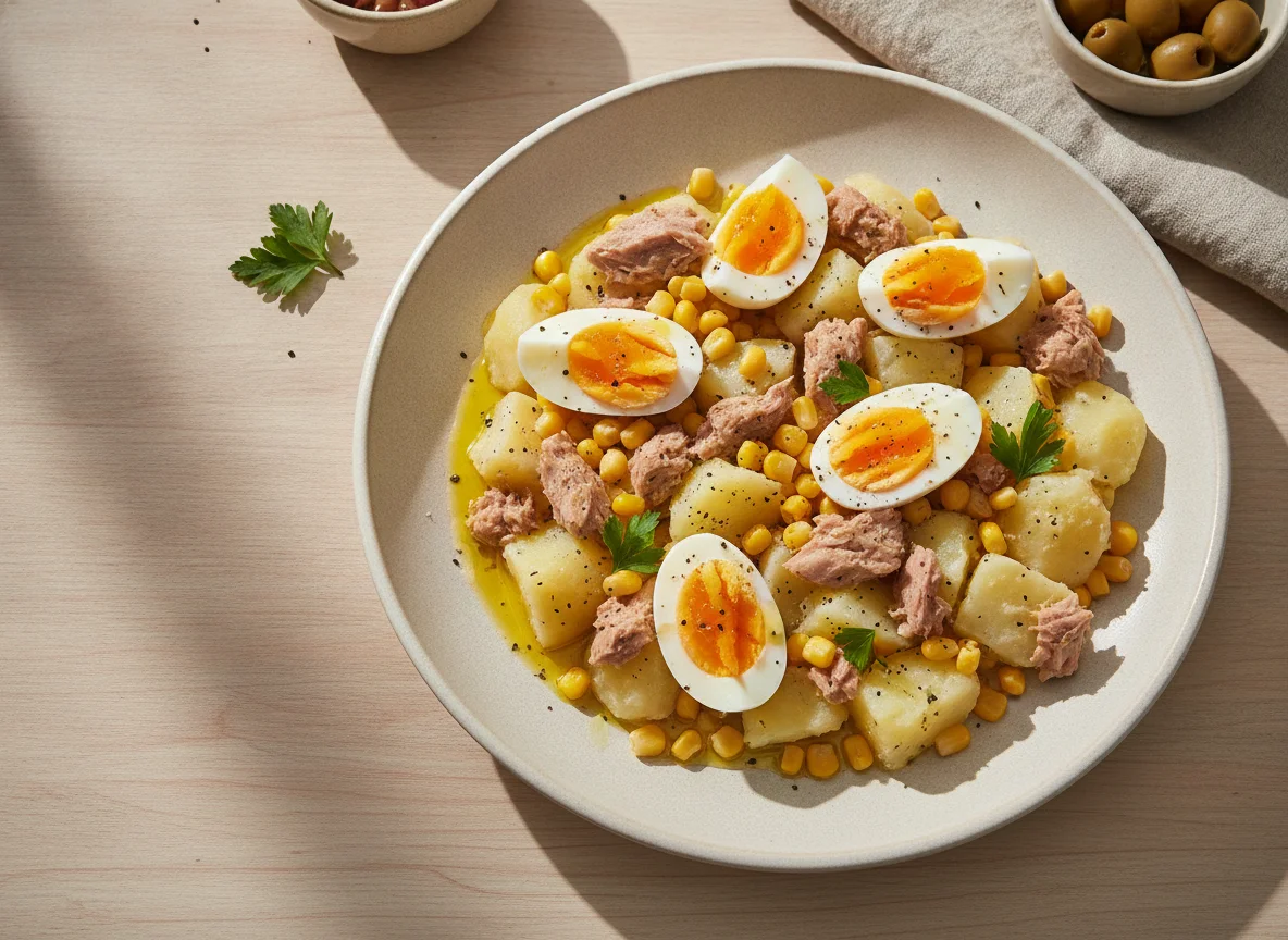 Ensalada de patata con atún, huevo y maíz photo