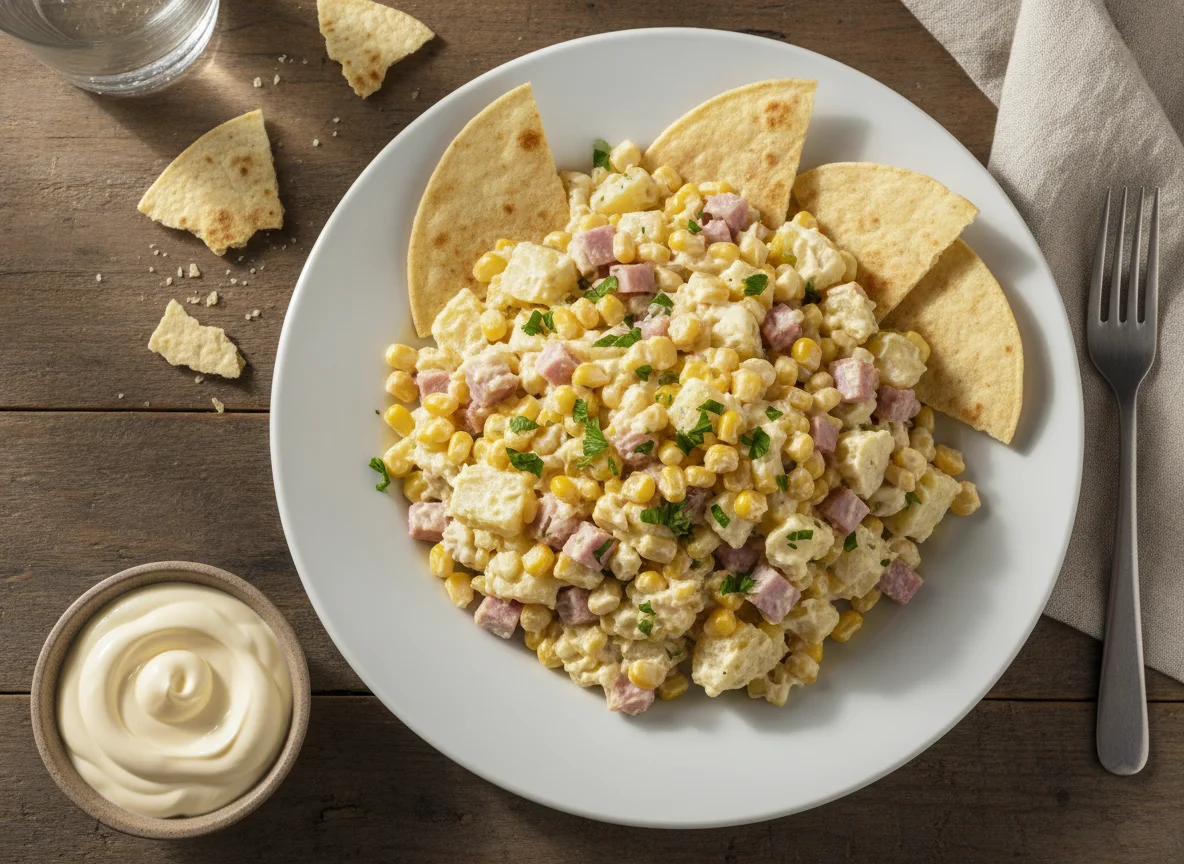 Ensalada de patata con atún, jamón y maíz photo
